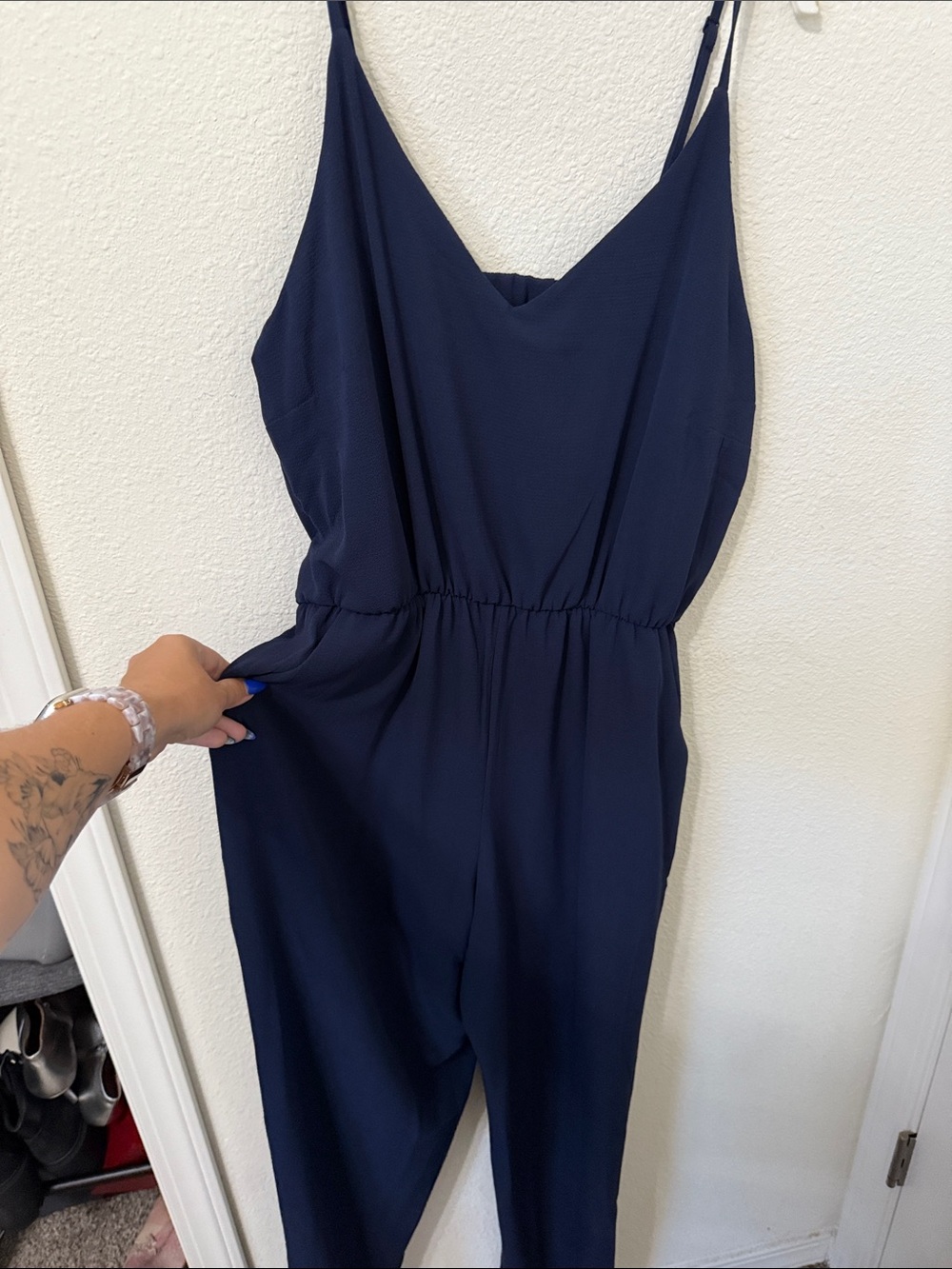 Sleek Navy V-Neck Spaghetti-Strap Jumpsuit